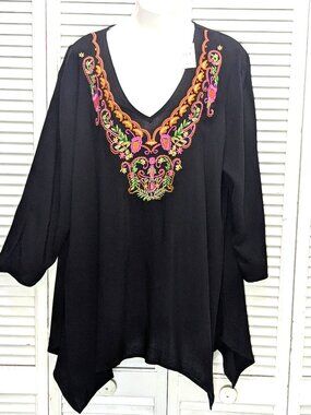 Princess Cruises Embroidered Tunic Top Black Womens XL Floral Boho Rayon